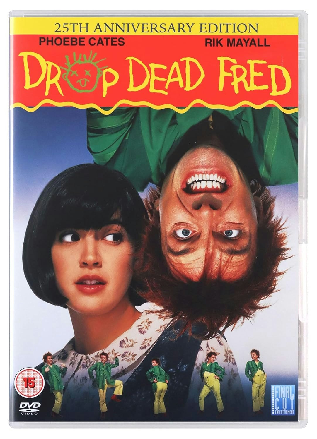 The image features the DVD cover of "Drop Dead Fred," showcasing Phoebe Cates and Rik Mayall with a playful design.