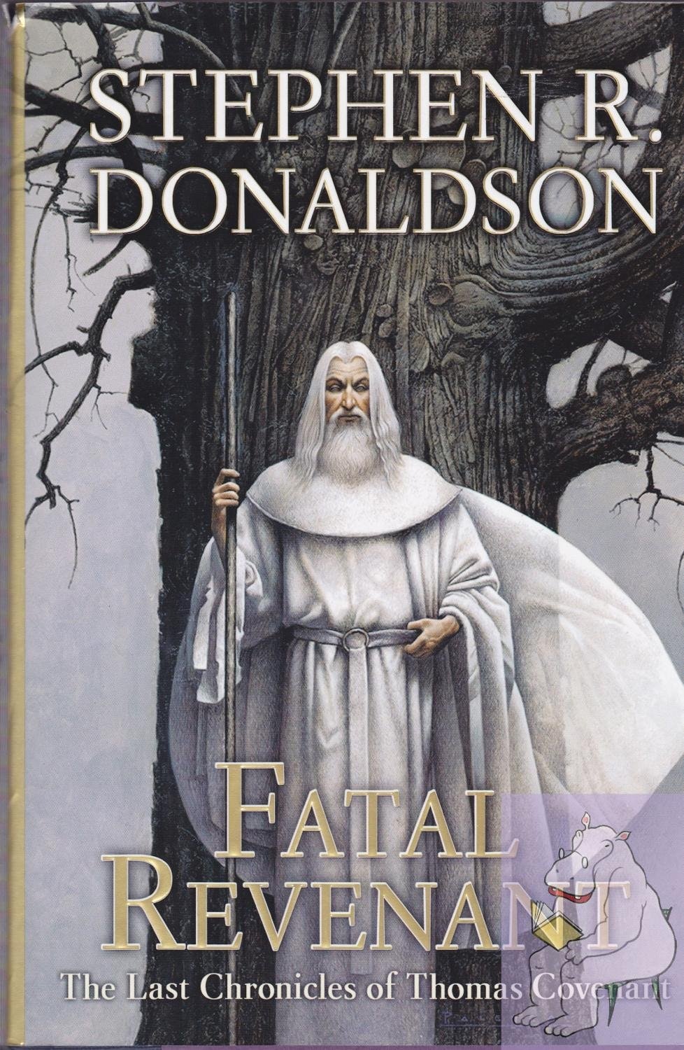 The image shows the book cover of "Fatal Revenant" by Stephen R. Donaldson, featuring a robed figure with a staff.