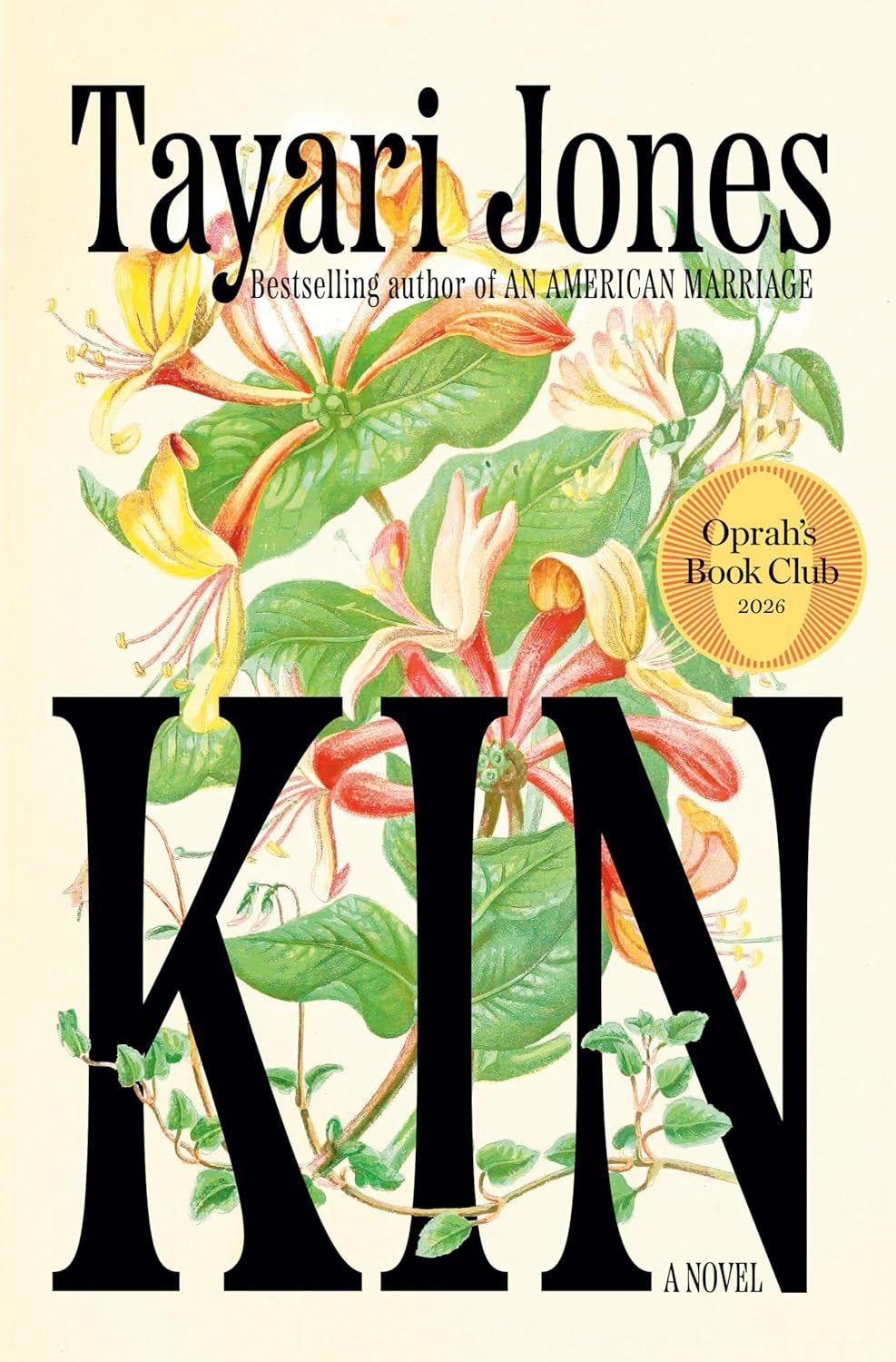 The image features the book cover for "KIN" by Tayari Jones, labeled as an Oprah's Book Club selection for 2026.