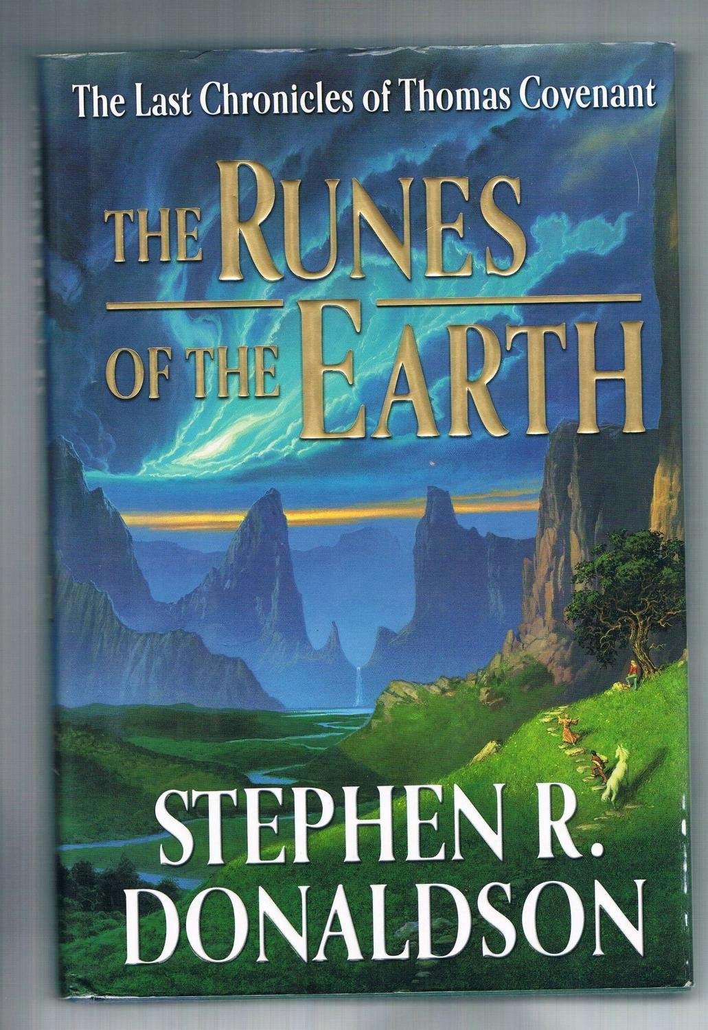 The image features the book cover of "The Runes of the Earth" by Stephen R. Donaldson, part of "The Last Chronicles of Thomas Covenant."
