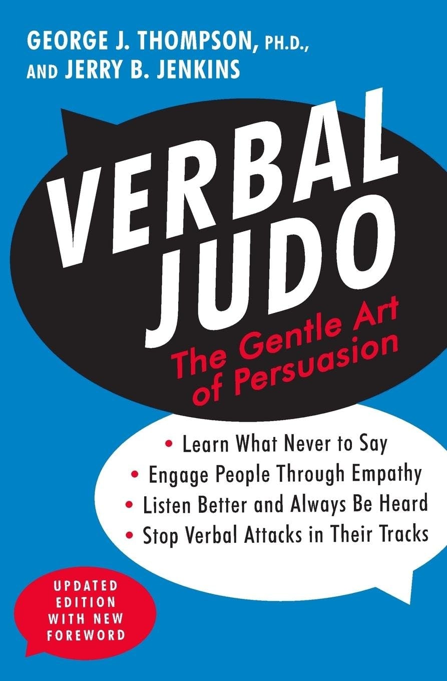 Book cover: "Verbal Judo: The Gentle Art of Persuasion" by George J. Thompson and Jerry B. Jenkins. Features tips on effective communication.