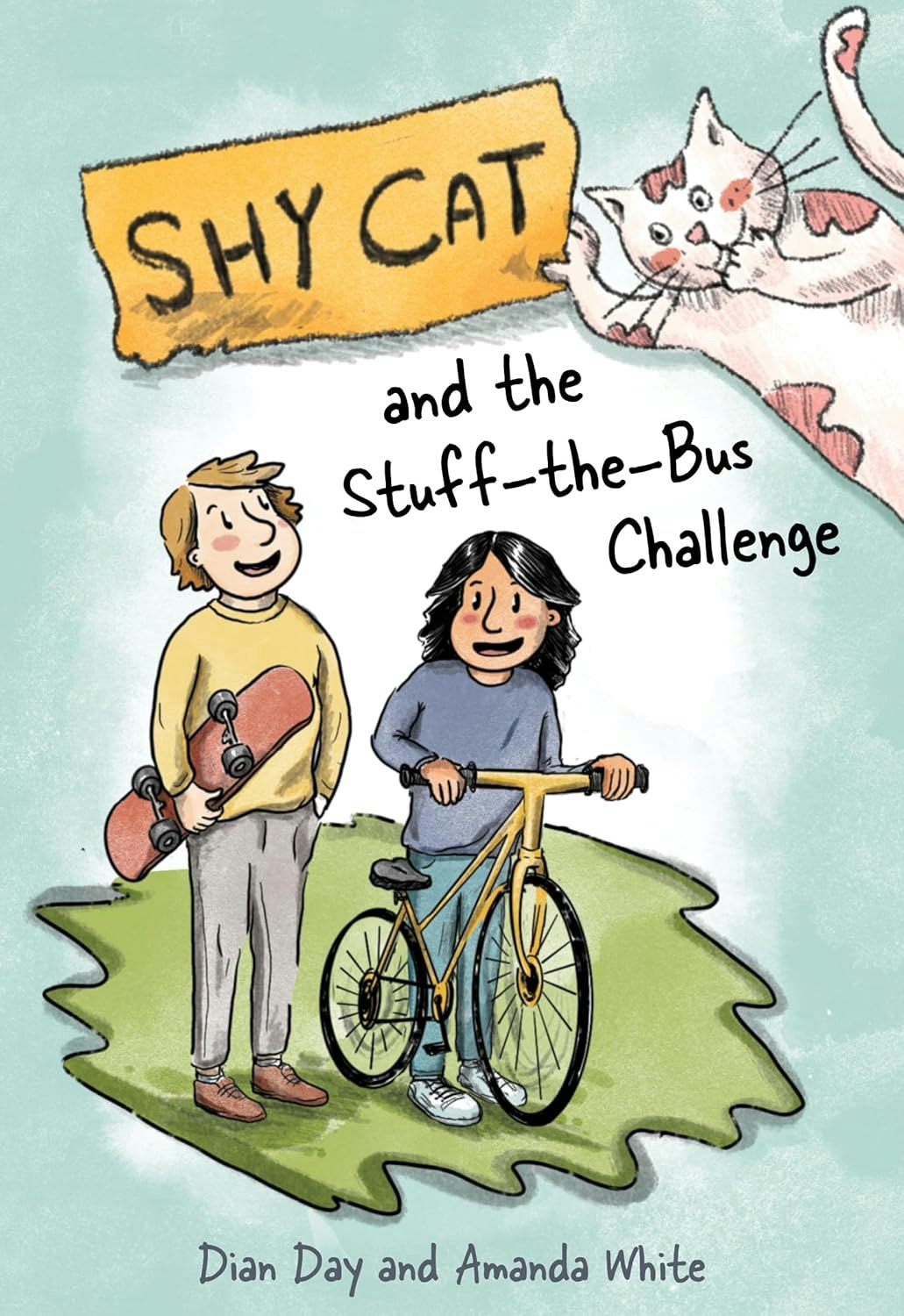 The image depicts the cover of a children's book titled "Shy Cat and the Stuff-the-Bus Challenge," featuring two kids and a cat.