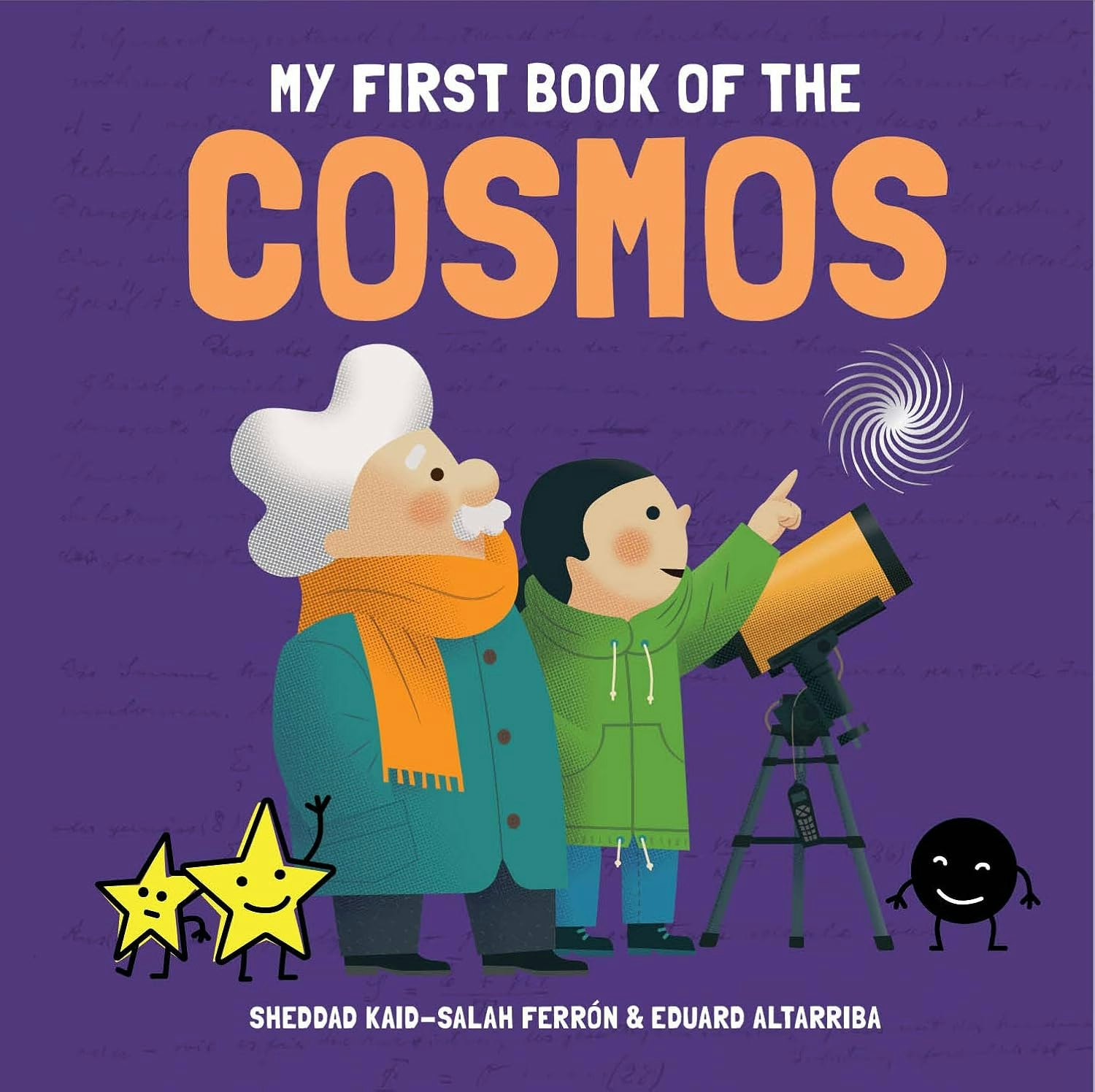 The image features the cover of "My First Book of the Cosmos," illustrating two characters exploring astronomy.