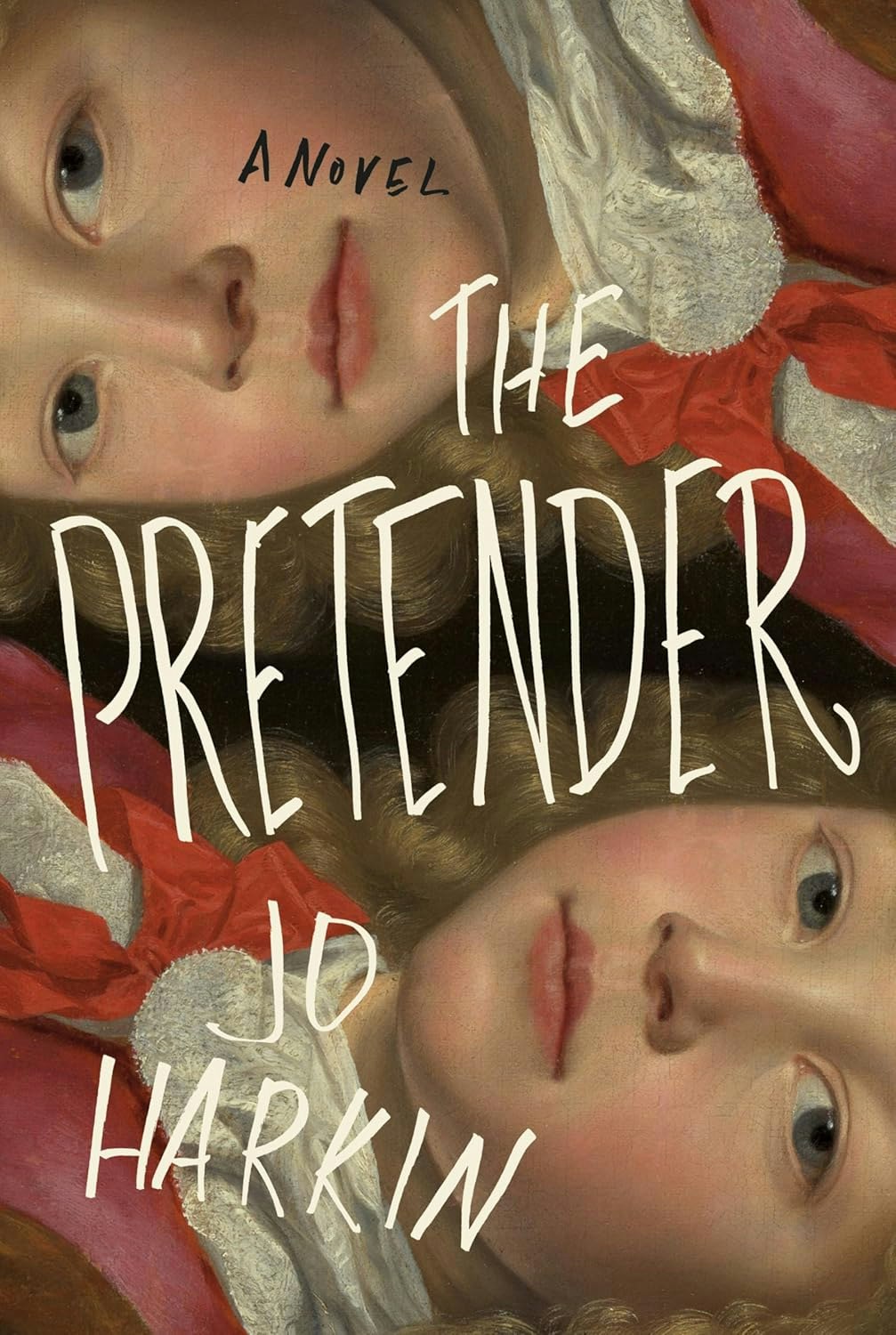 Book cover for "The Pretender" by Jo Harkin featuring mirrored portraits of a child's face.