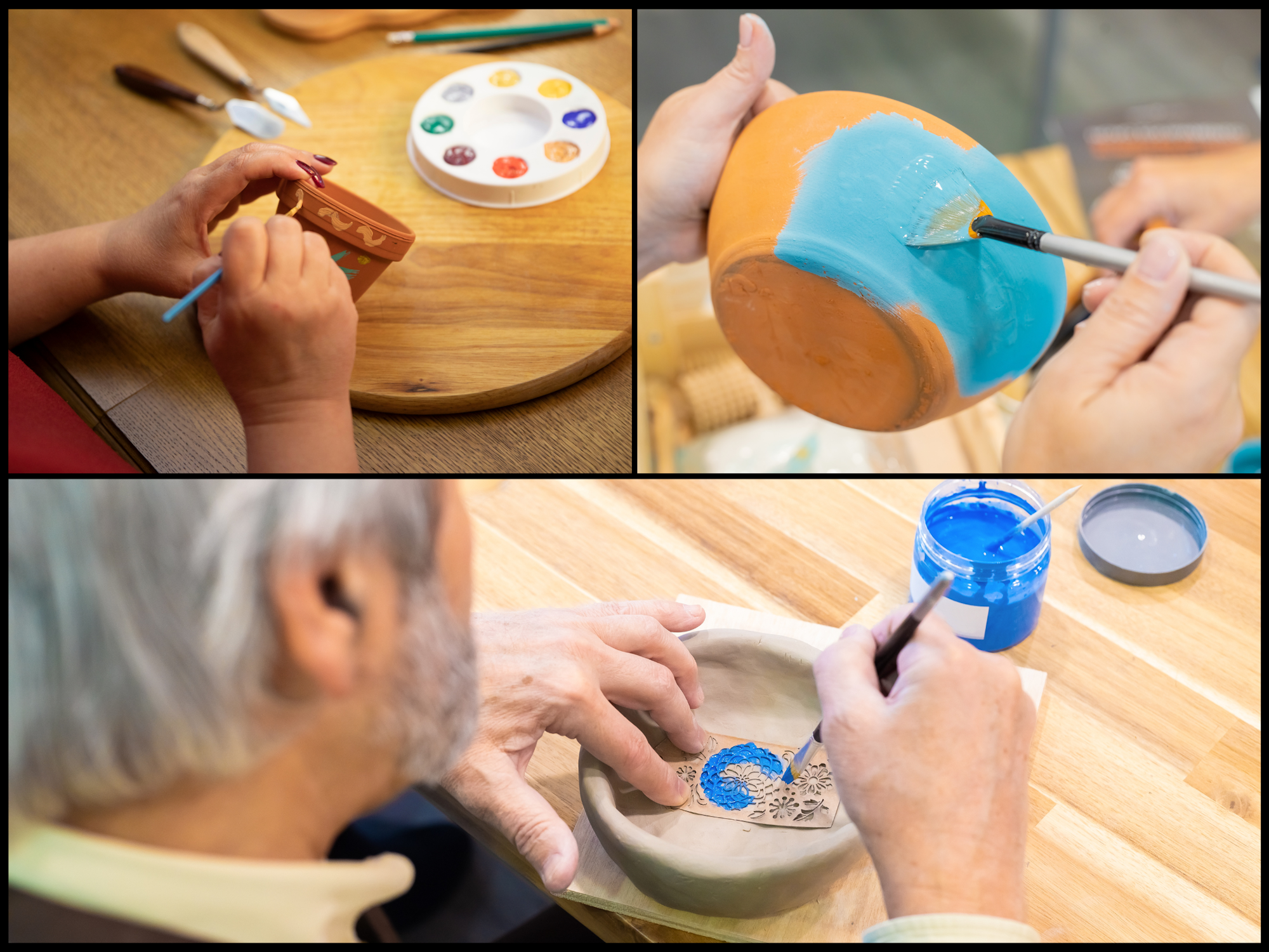 People painting pottery with various colors and designs.