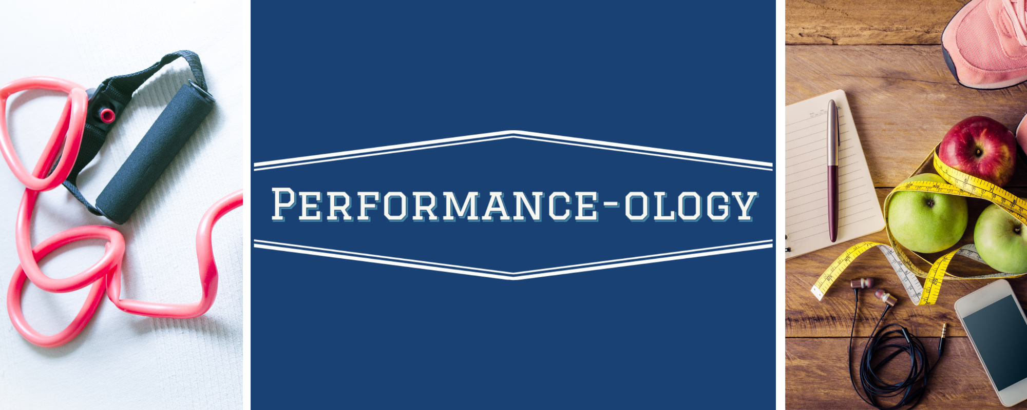The image features fitness equipment, a brand logo for "Performance-ology," and health-related items like fruits and a notebook.