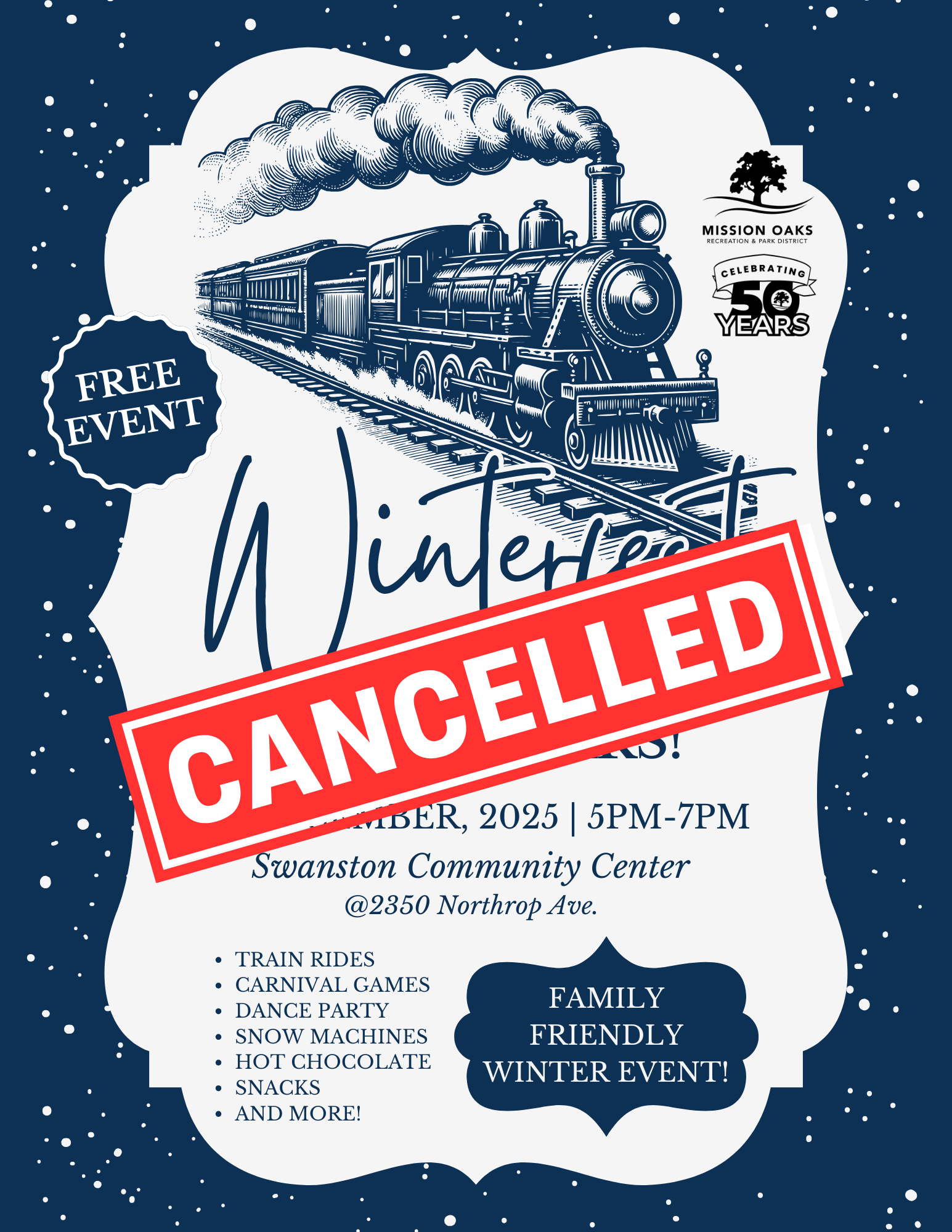 A winter event at Swanston Community Center on December 2025 is canceled. Activities included train rides, games, and snacks.