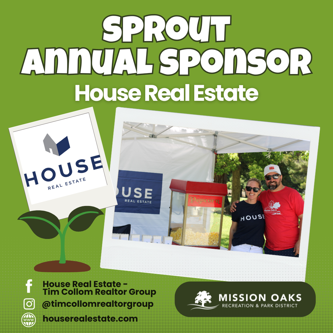 Promotional poster for House Real Estate, mentioning sponsorship, with a photo of two people at an event.