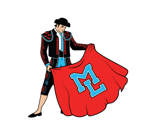 The image features a matador holding a red cape with "ML" on it, set against a black background.