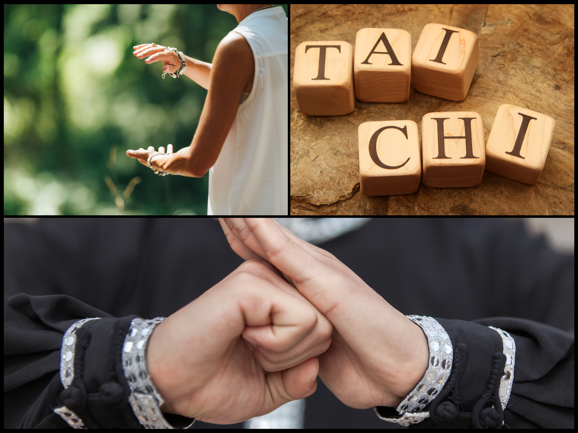 A person practicing Tai Chi, wooden blocks spelling “TAI CHI,” and a close-up of hands in a Tai Chi gesture.