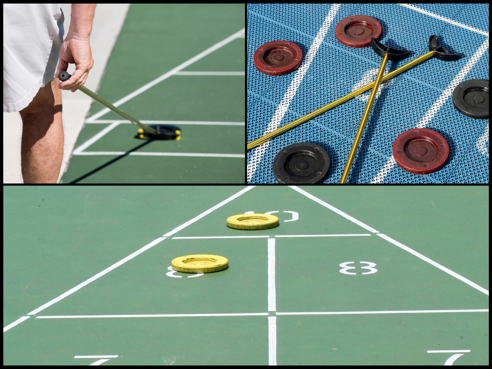 Shuffleboard game in progress with pucks and cues on the court.