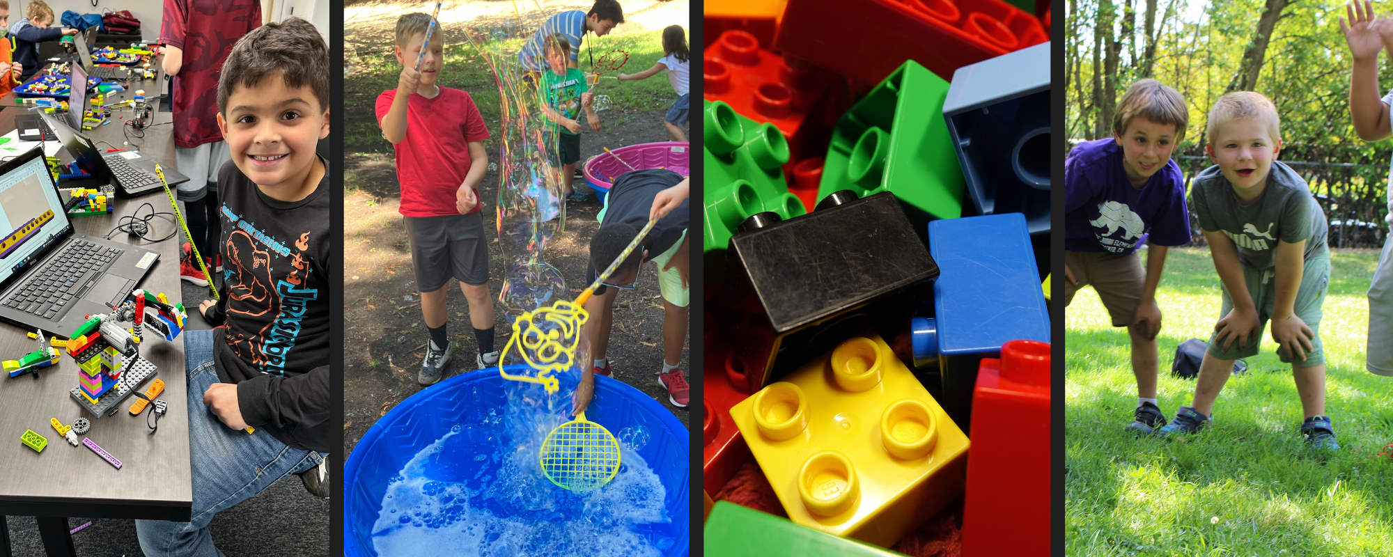 Kids engaging in creativity with LEGO, playing with soap bubbles outdoors, and having fun together in a playful setting.