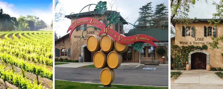The image showcases vineyards and the Lodi Wine & Visitor Center, highlighting the region's wine tourism.