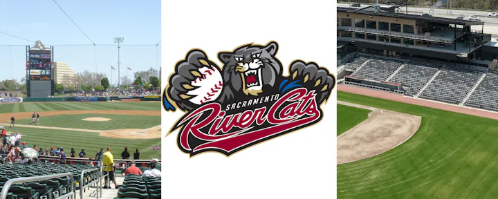 The image features Raley Field and the logo of the Sacramento River Cats, a minor league baseball team.