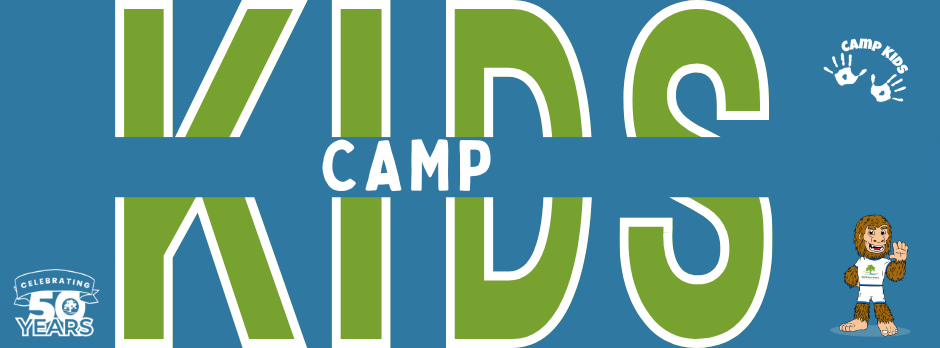 Text "KIDS CAMP" on blue background with "Celebrating 50 Years" logo and a cartoon character.