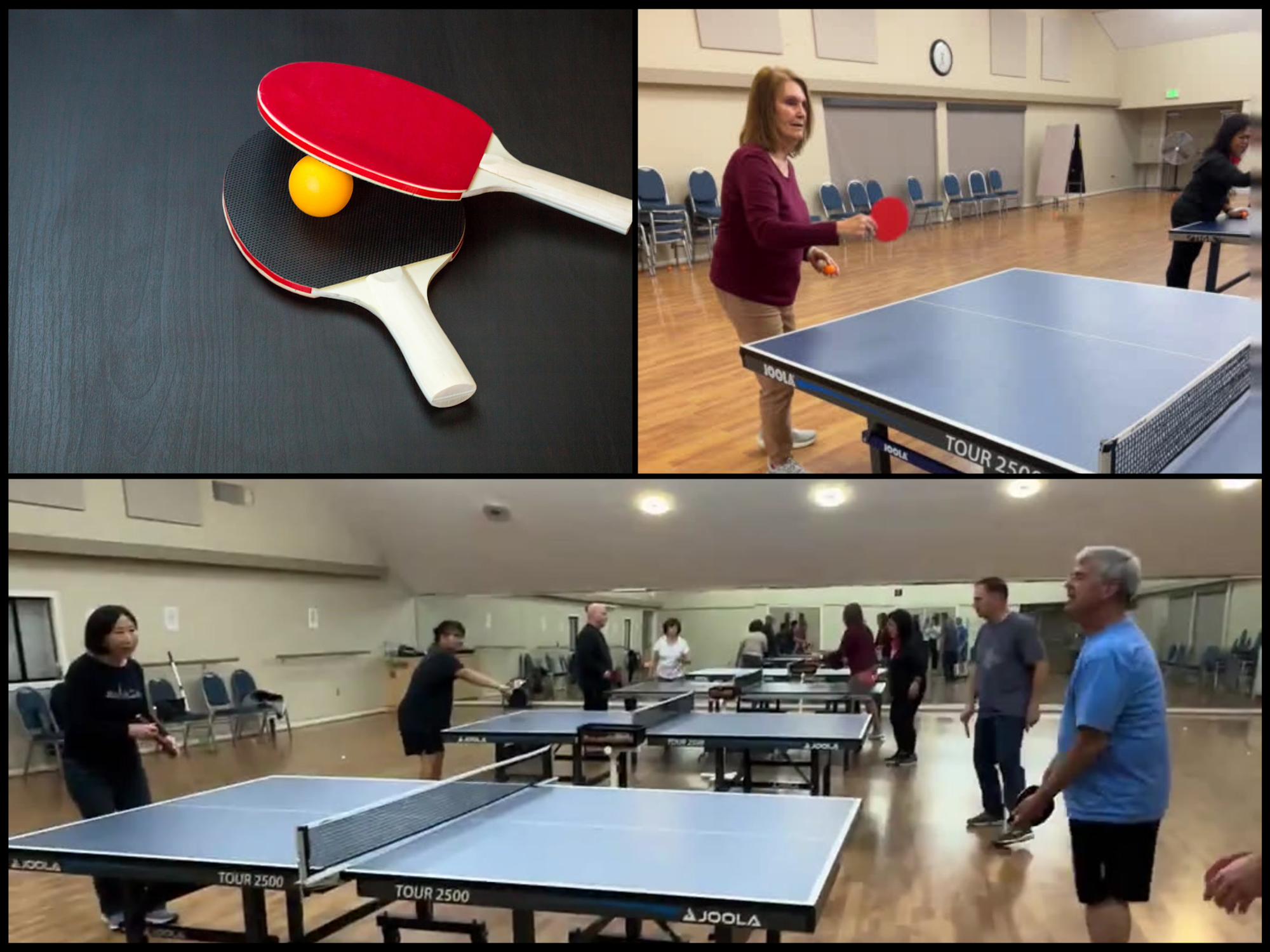 Table tennis paddles, a ball, and people playing table tennis in a recreational setting.