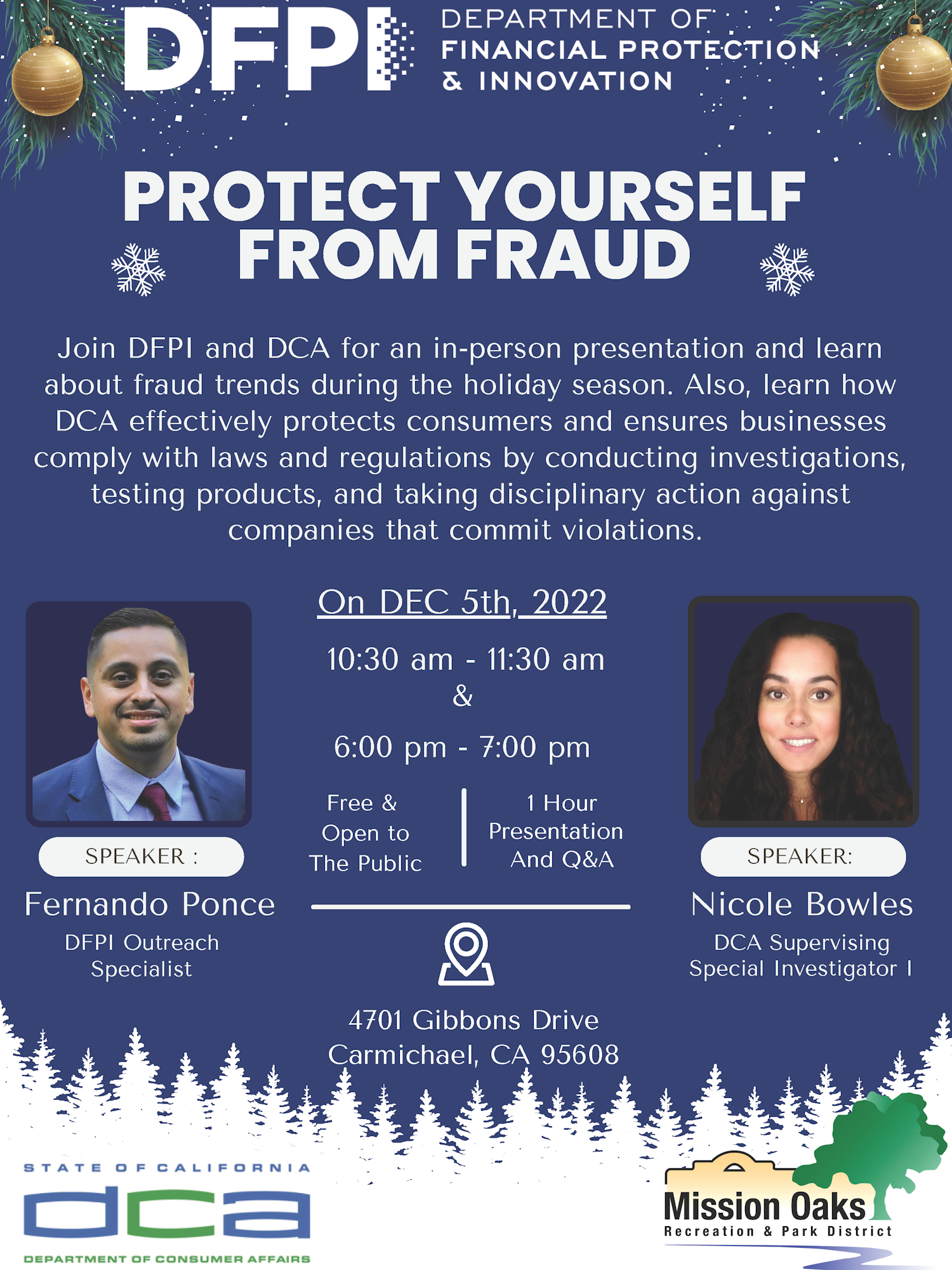 Event on Dec 5, 2022, in Carmichael, CA, about protecting against holiday fraud. Free presentations by DFPI and DCA.