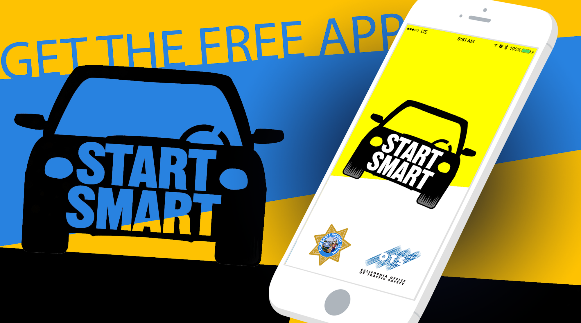The image promotes a "Start Smart" app related to driving safety, featuring a car graphic and a call to action for app download.