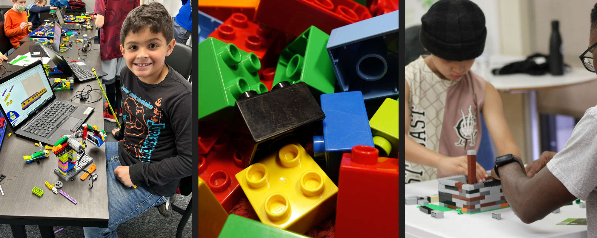 Kids building with colorful LEGO bricks at tables with laptops, having fun.