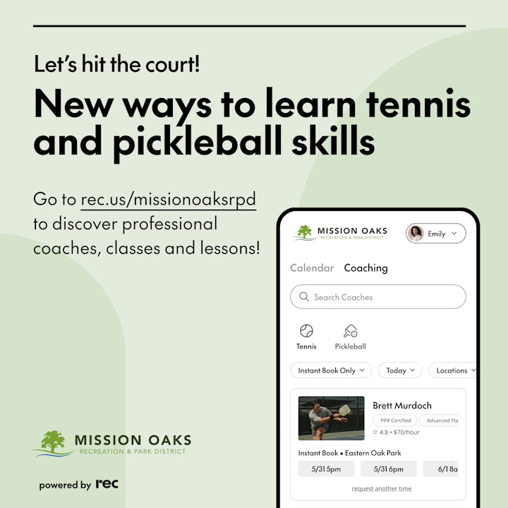 Advertisement for tennis and pickleball lessons with a website link, including an interface showing a booking for a coach.