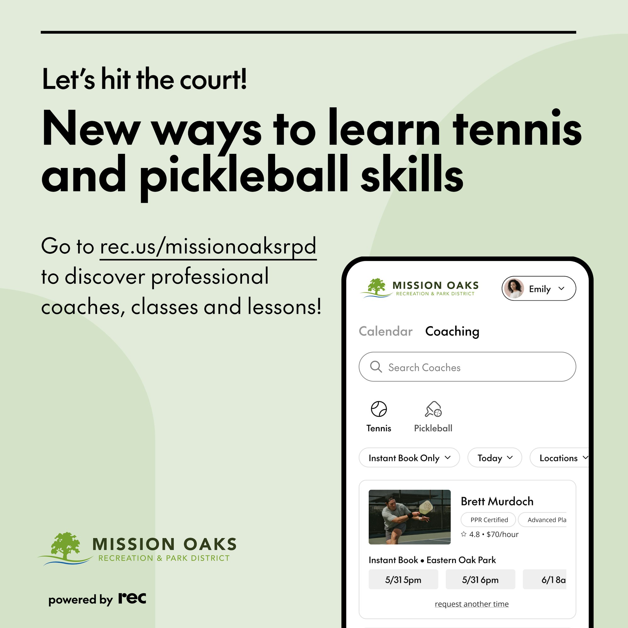 Advertisement for tennis and pickleball lessons with a website link, including an interface showing a booking for a coach.