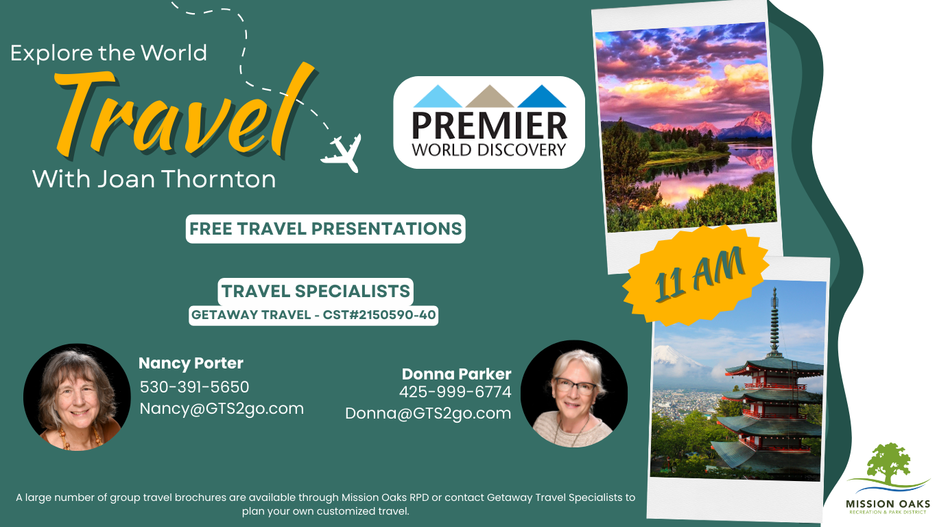 Event for travel presentations with Joan Thornton at 11 AM. Contact travel specialists Nancy Porter and Donna Parker for details.