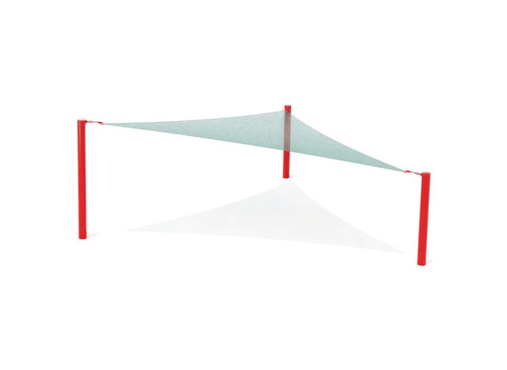 A red, three-post structure holding a triangular shade sail.