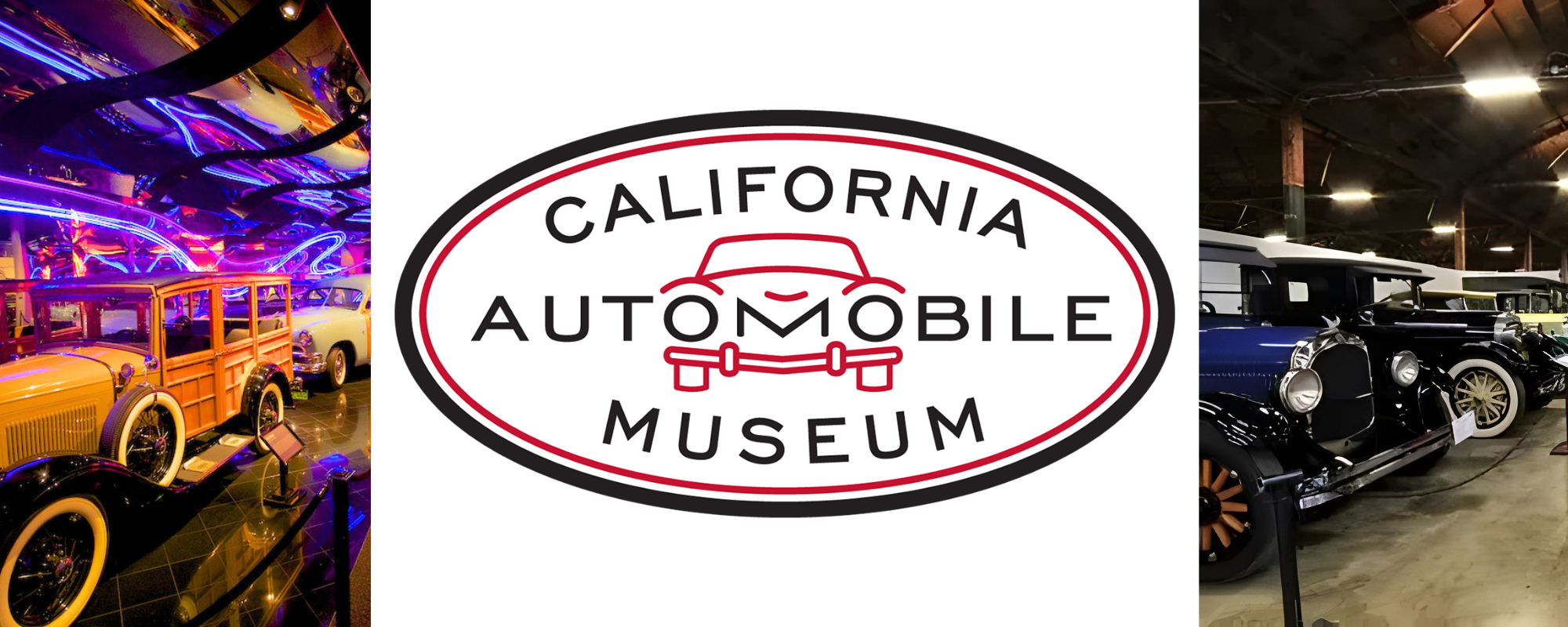 The image features the California Automobile Museum with vintage cars displayed against vibrant backgrounds.