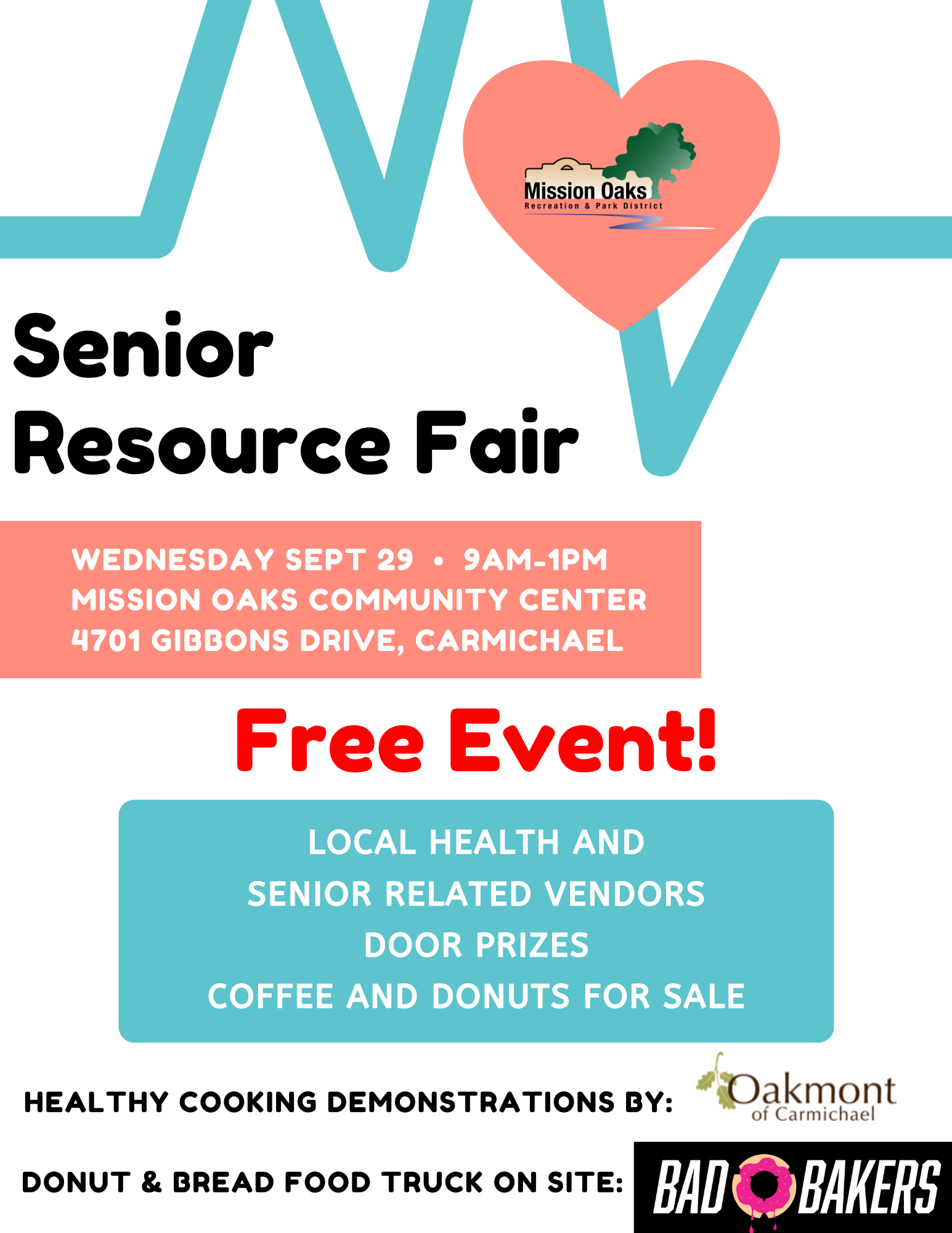 Senior Resource Fair on Sept 29, 9 AM-1 PM at Mission Oaks Community Center. Free event with health vendors, door prizes, and food.