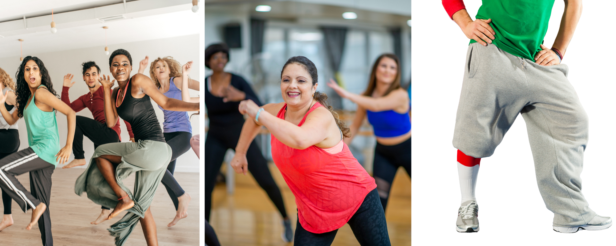 The image features groups of people dancing in workout attire, emphasizing movement and energy in a lively setting.