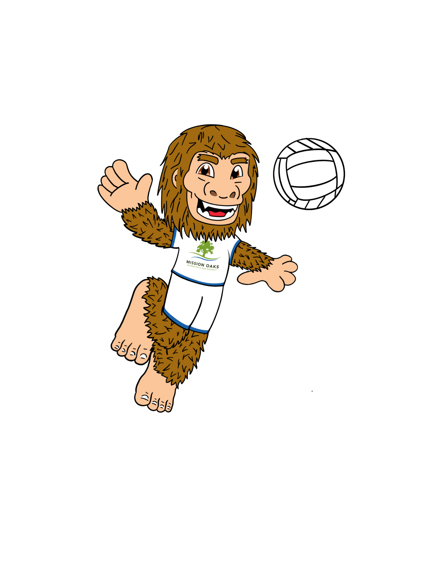Illustration of a smiling, cartoon Bigfoot wearing a "Mission Oaks" shirt, playing volleyball.
