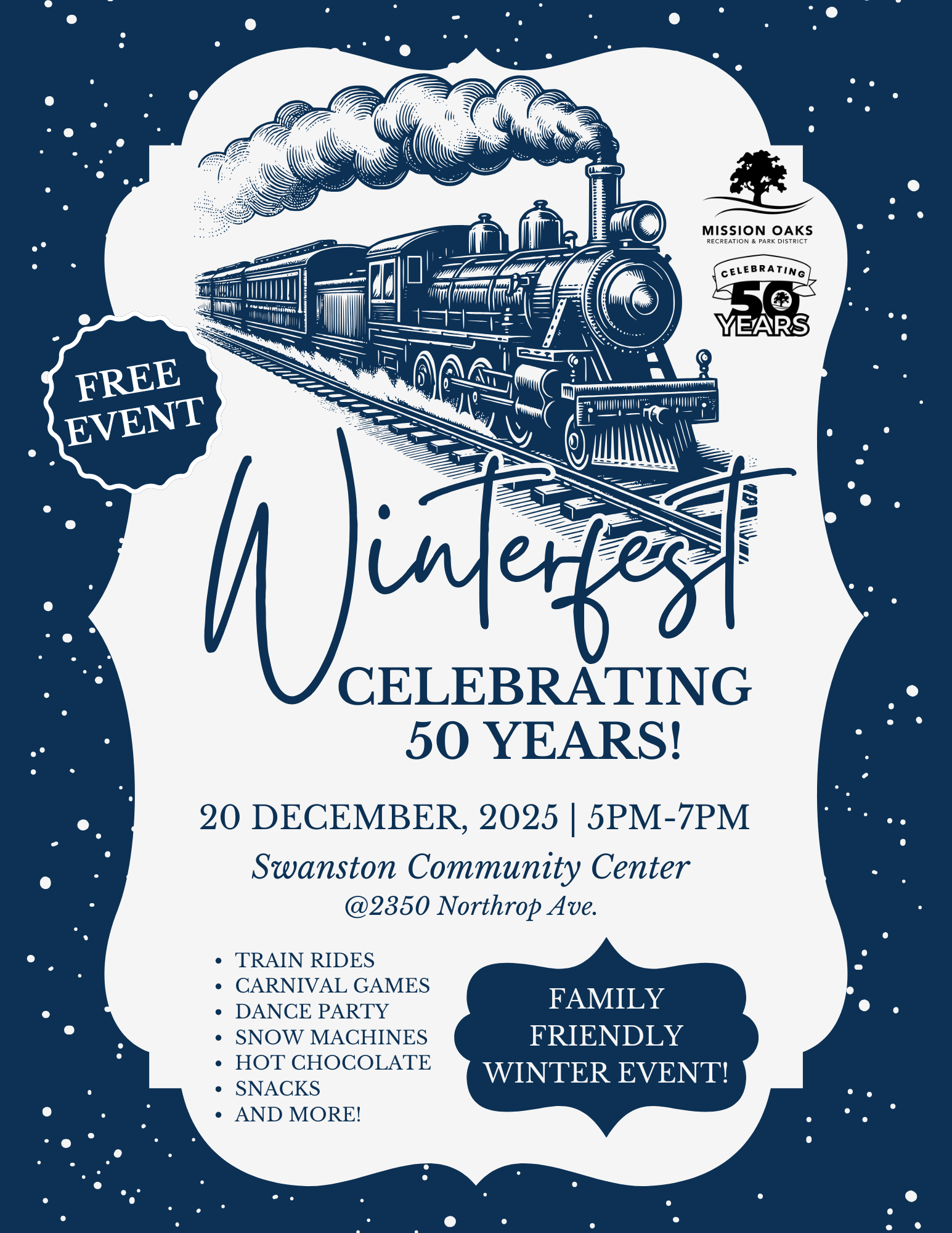 Winterfest on December 20, 2025, at Swanston Community Center: free train rides, games, dance, snow machines, and snacks!