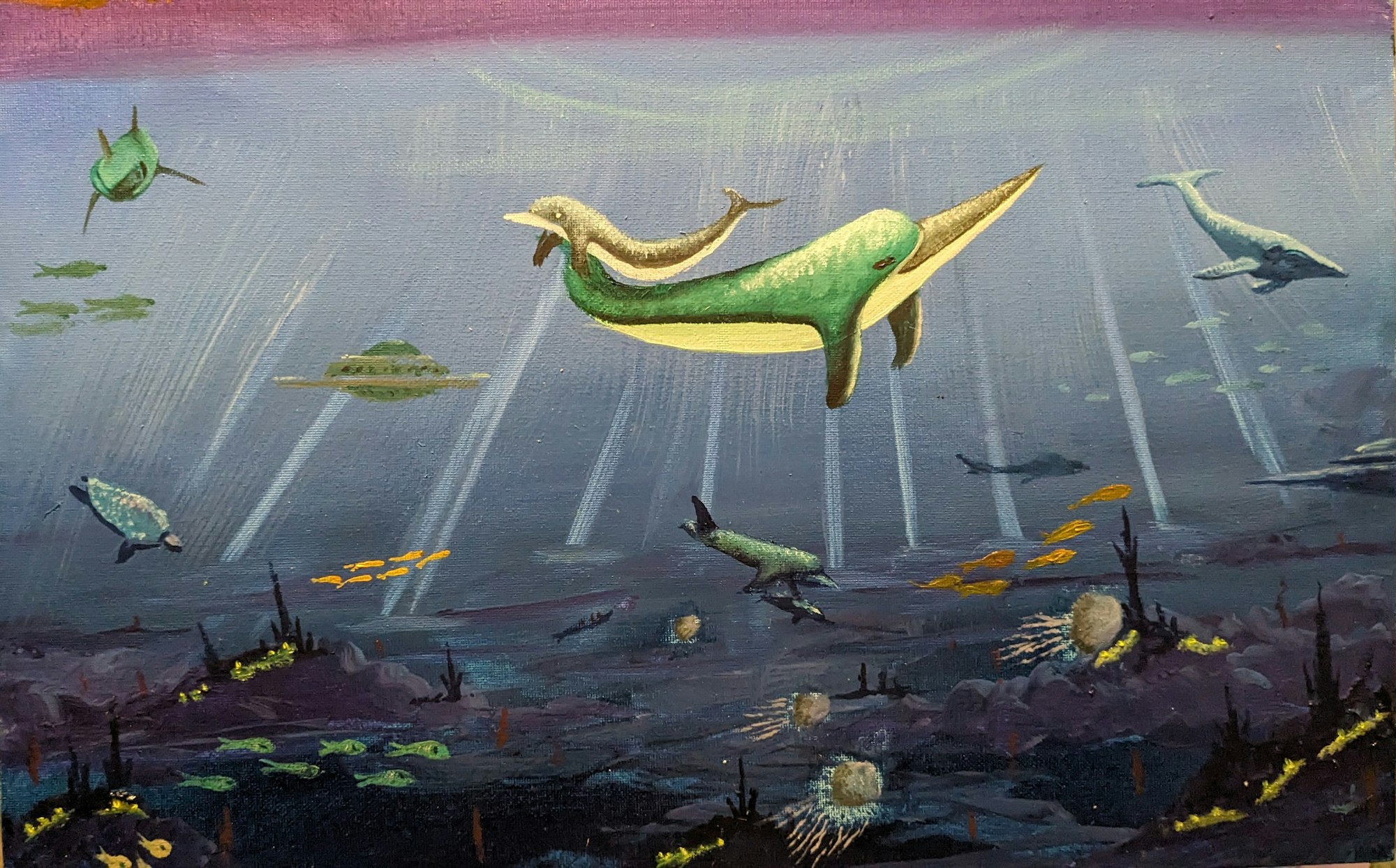 Surreal underwater scene with fish, sea creatures, and UFO-like objects floating in vibrant, colorful water.