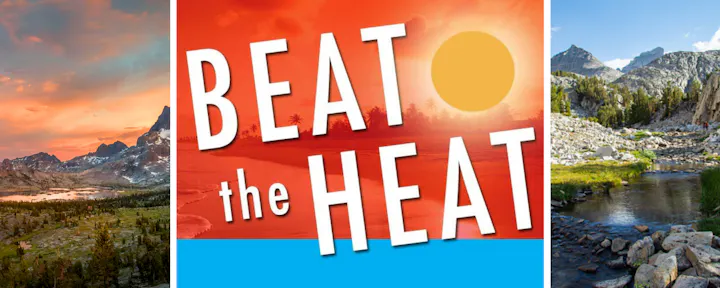 The image features beautiful mountain landscapes on either side, with a central graphic promoting "Beat the Heat" against a sunny backdrop.