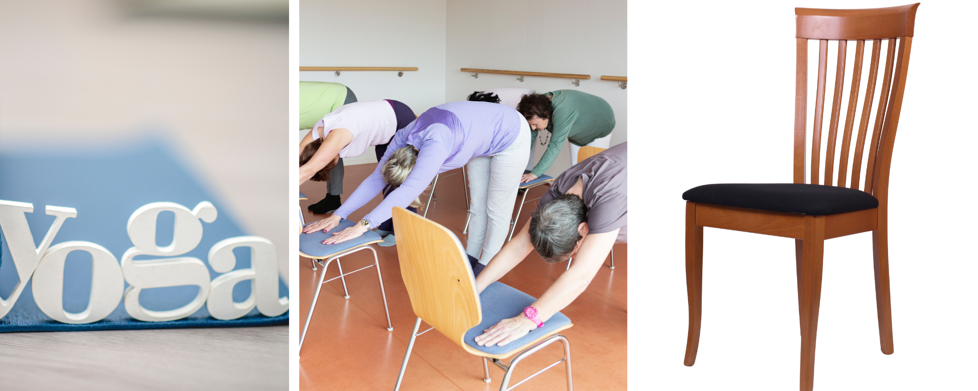 The image shows a yoga scene with people stretching on chairs, alongside a decorative chair and the word "Yoga."