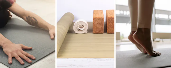 The image features a yoga practice setup with hands on a mat, rolled mats, yoga blocks, and a person's feet on another mat.