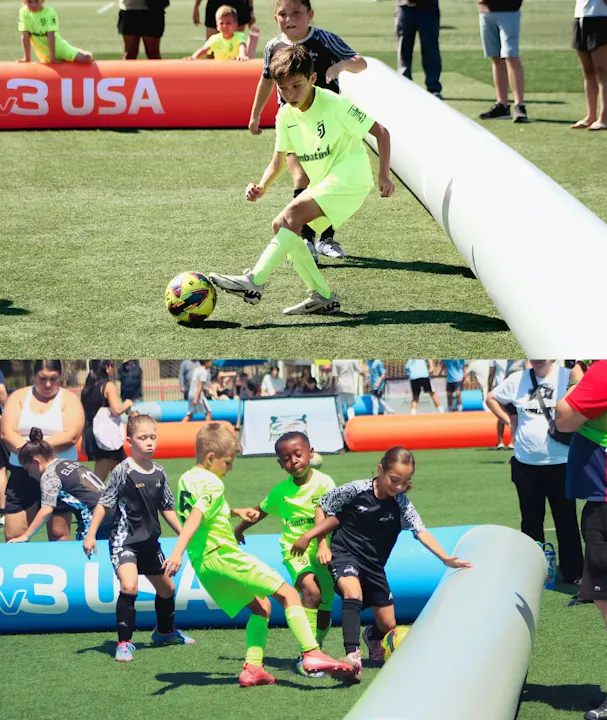 Two images of young kids playing soccer, one boy dribbling a ball and a group of children engaged in a game, all in vibrant kits.