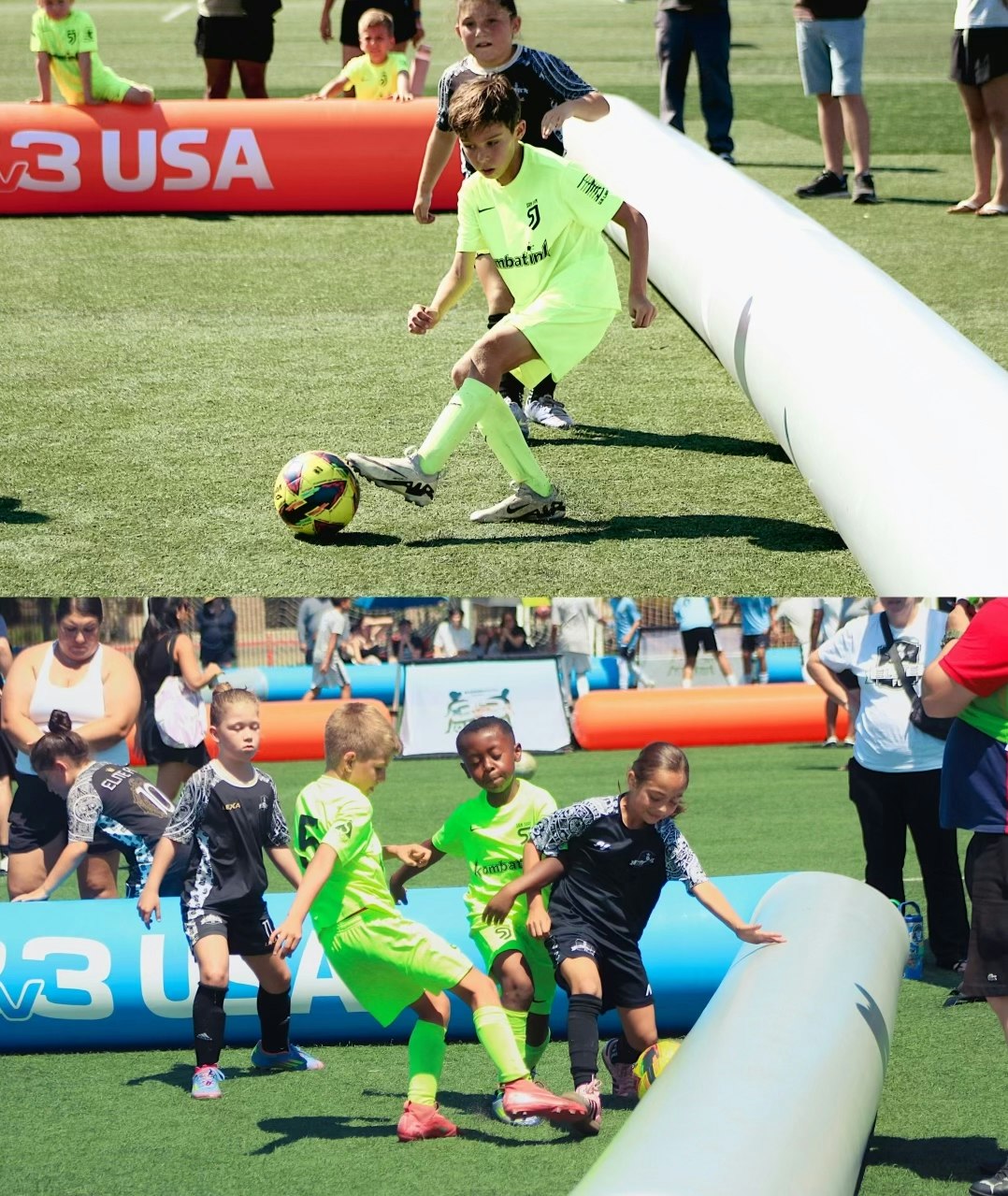 Two images of young kids playing soccer, one boy dribbling a ball and a group of children engaged in a game, all in vibrant kits.