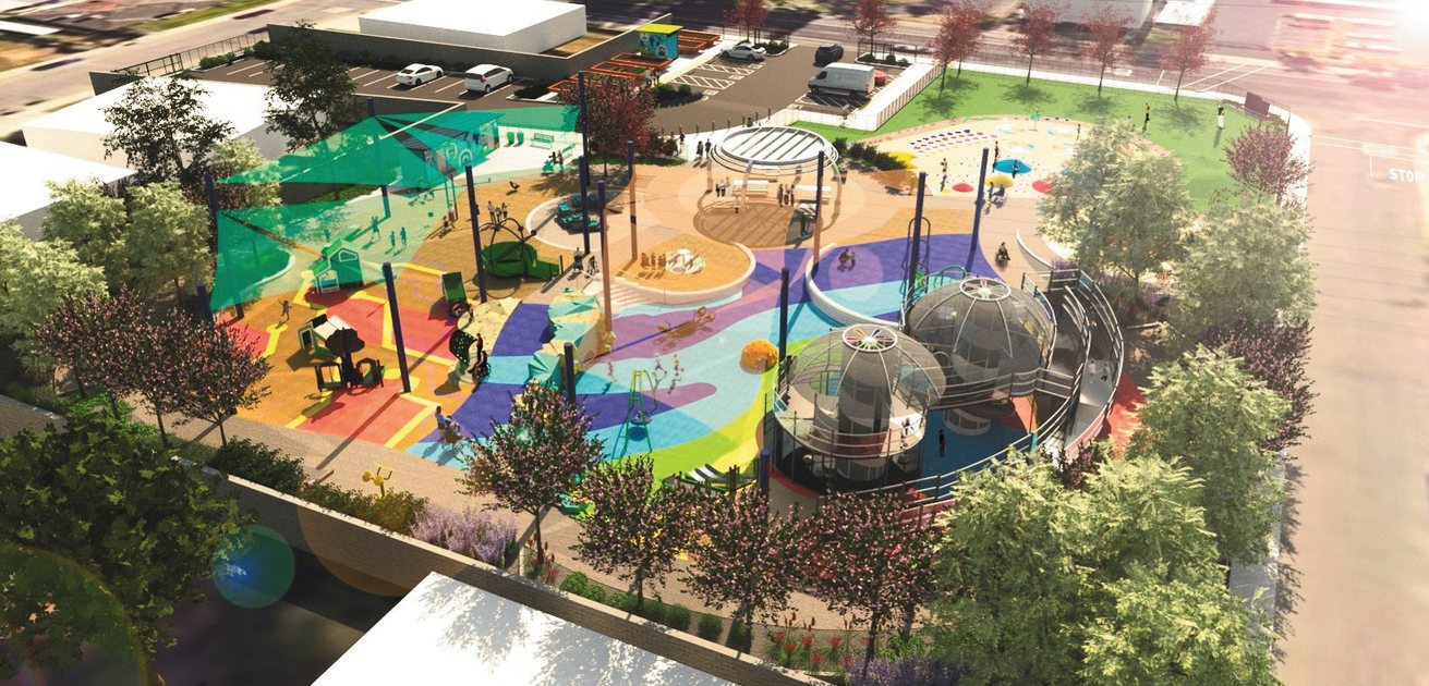 A concept of a colorful playground with various structures, trees, and people.