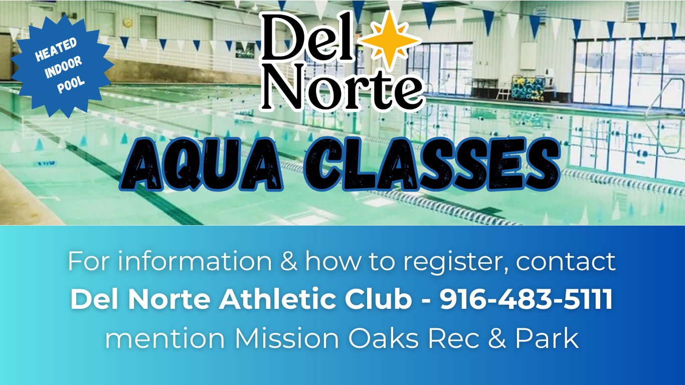 The image promotes aqua classes at Del Norte Athletic Club, featuring a heated indoor pool and contact info for registration.