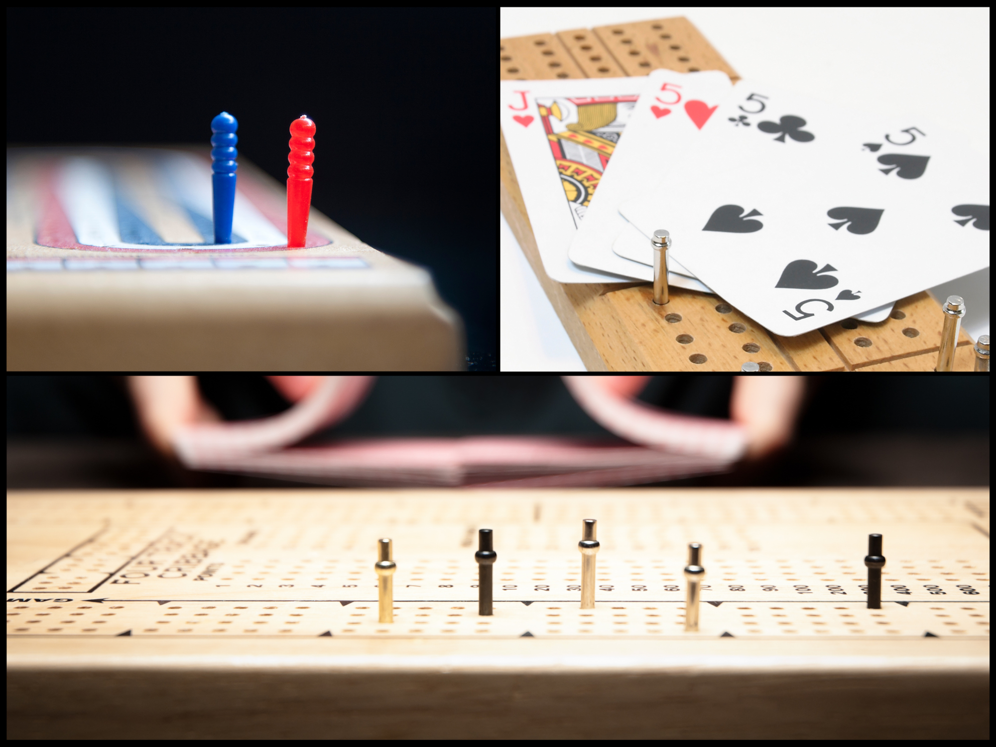A collage of cribbage boards with colored pegs and playing cards.