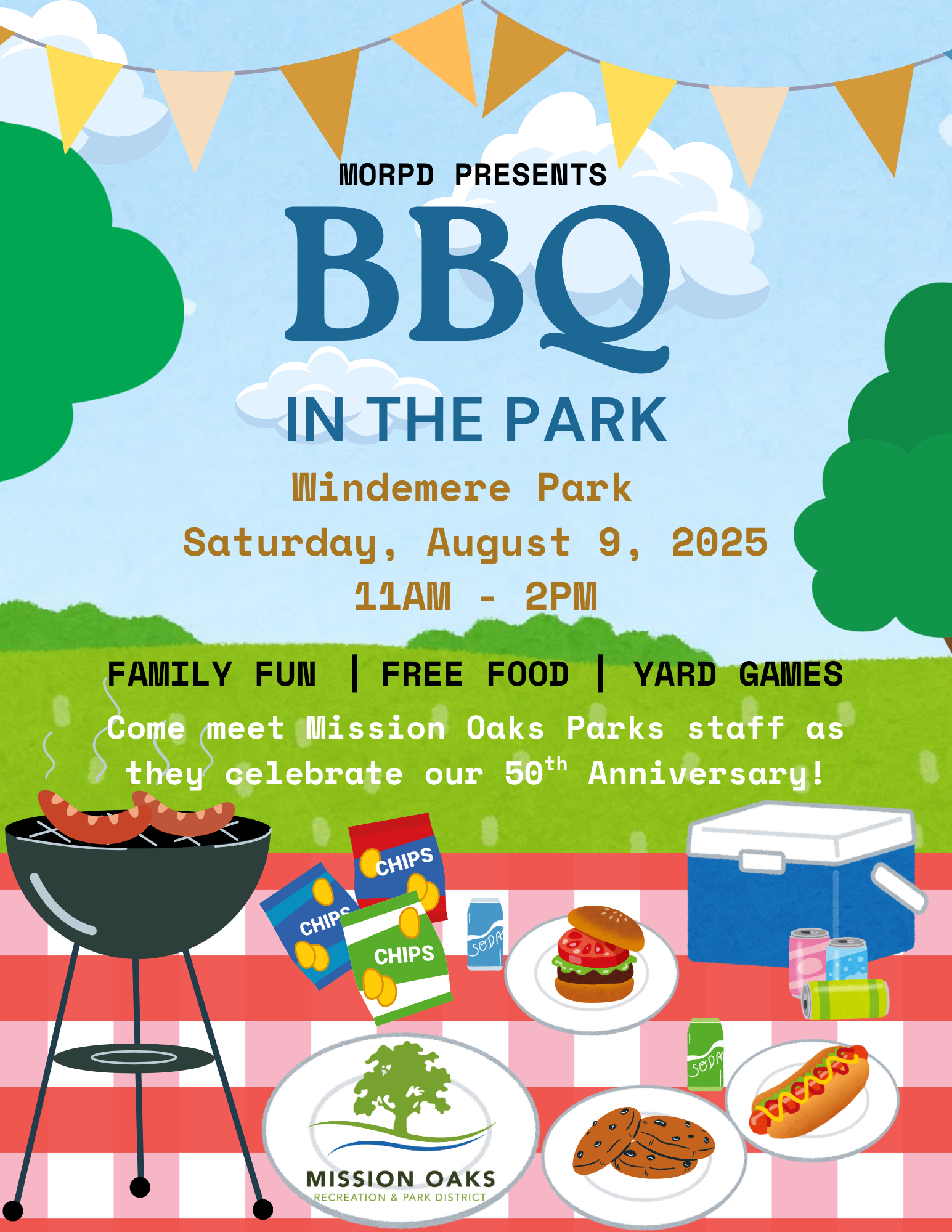 BBQ in the Park event by MORPD on August 9, 2025, from 11 AM-2 PM at Windemere Park. Free food, family fun, yard games.