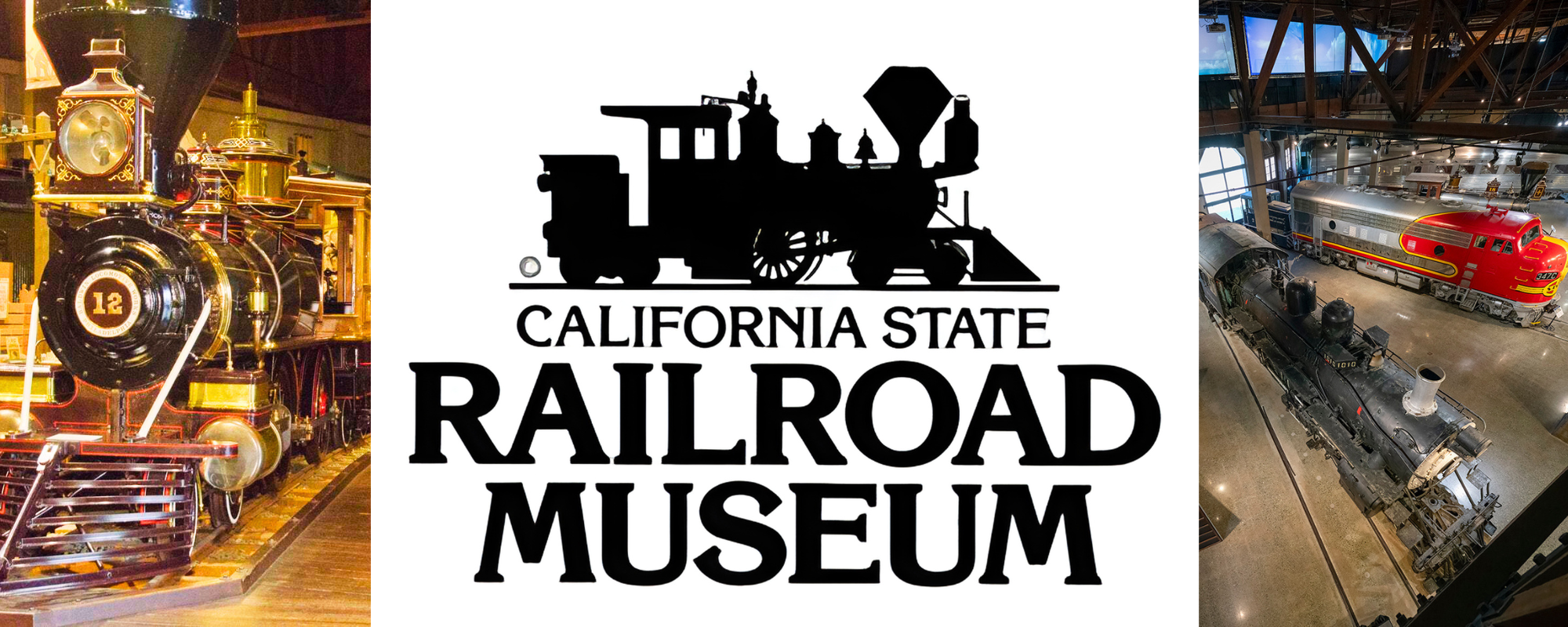 The image features the California State Railroad Museum, showcasing vintage trains and a museum logo.