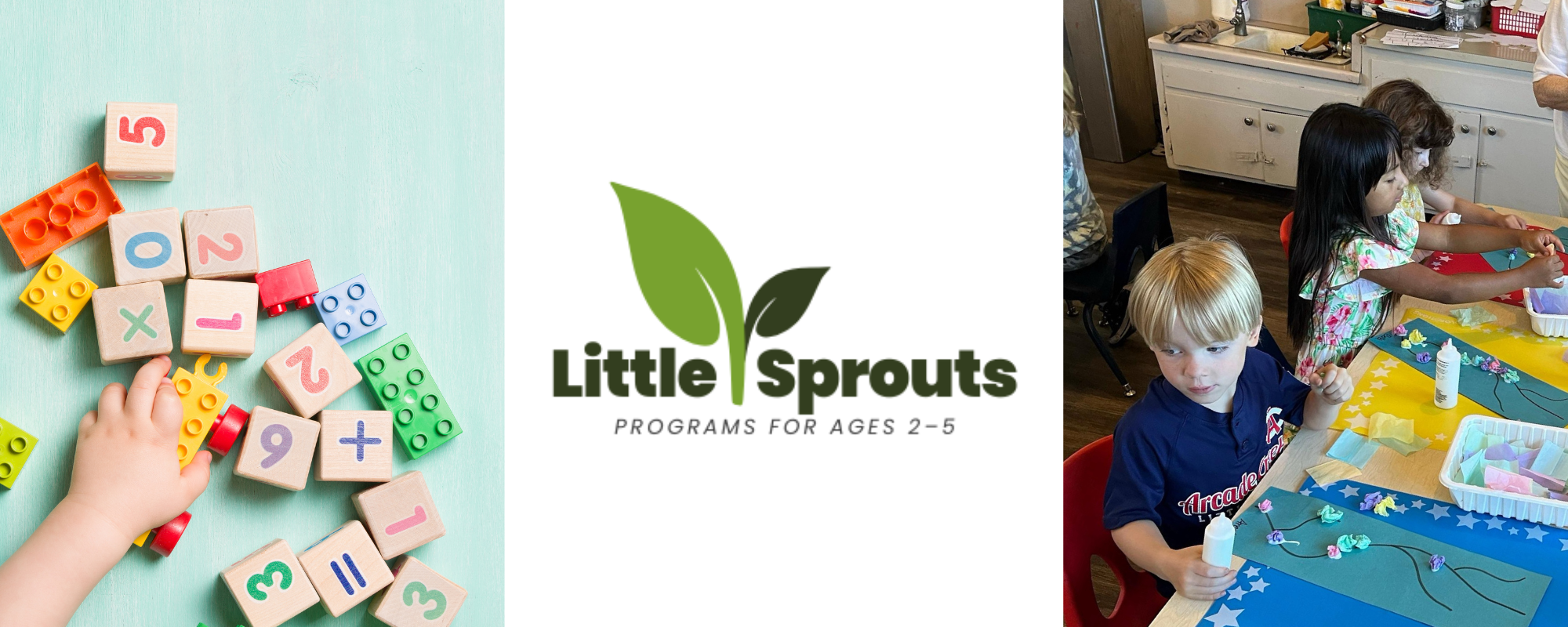 The image features children's educational activities, highlighting "Little Sprouts," a program for ages 2-5, with blocks and arts and crafts.
