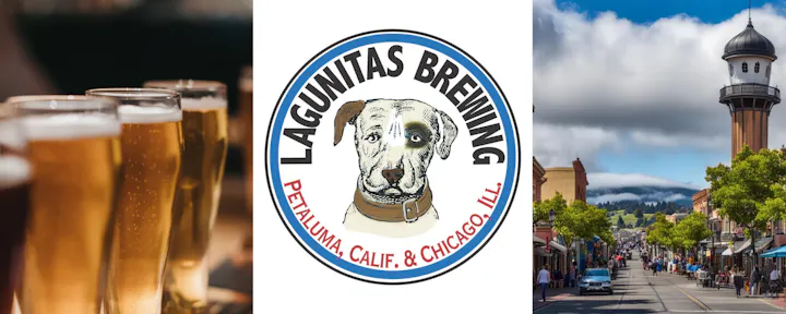 The image features craft beer, the Lagunitas Brewing logo with a dog, and a scenic street view of a town.