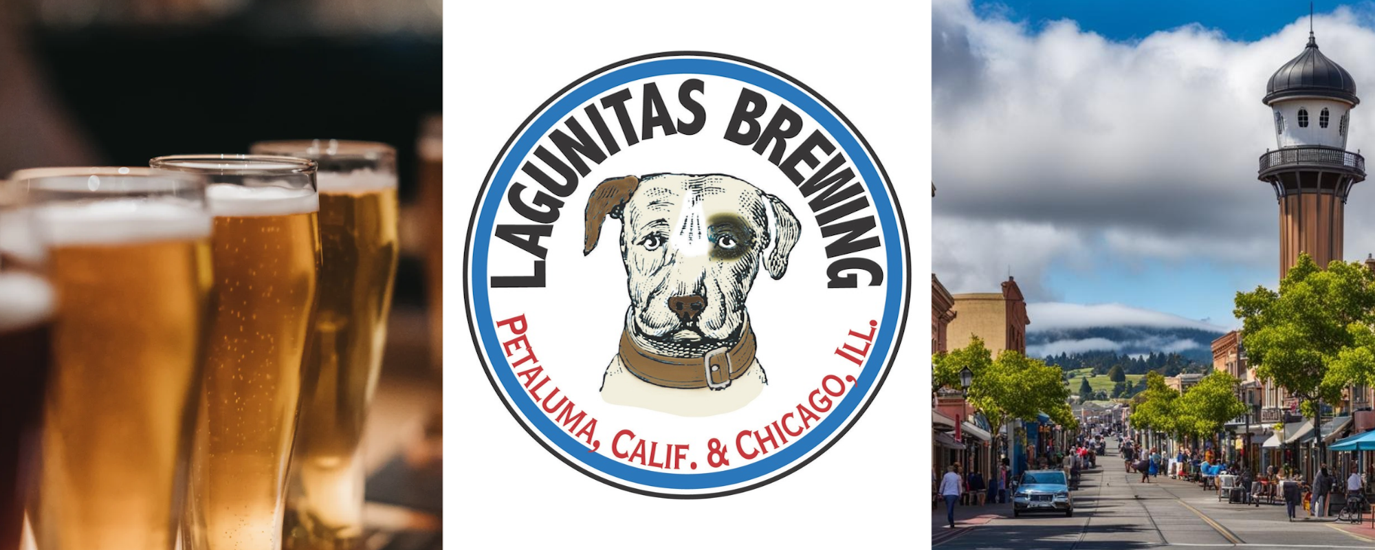 The image features craft beer, the Lagunitas Brewing logo with a dog, and a scenic street view of a town.