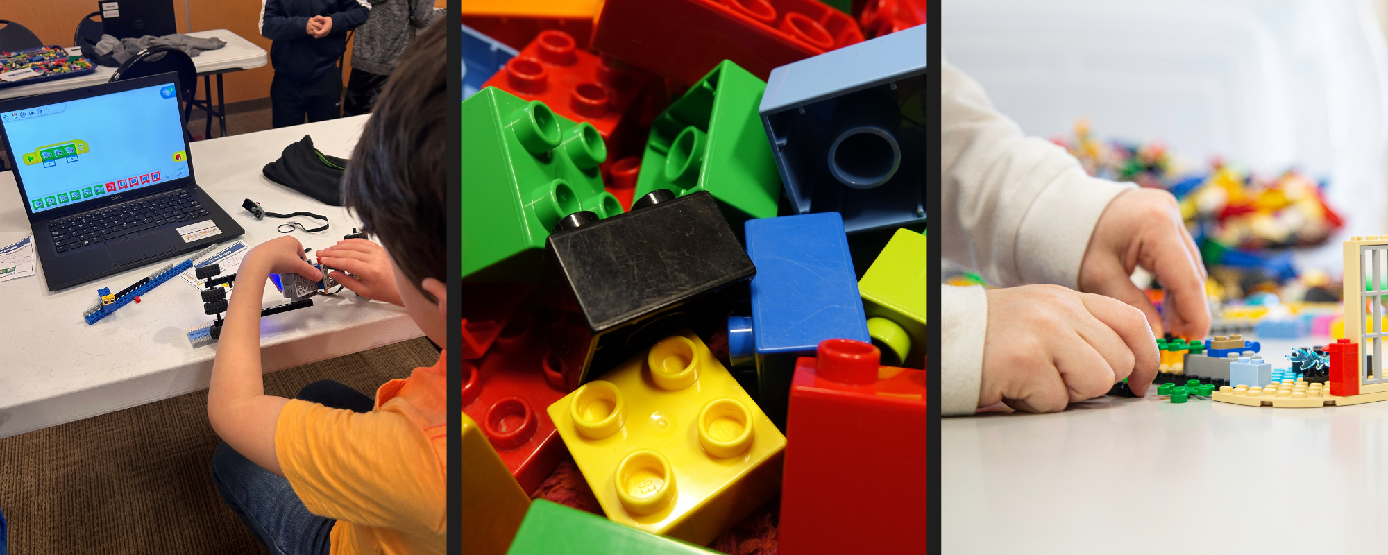 Kids building models with LEGO bricks and using a laptop for guidance.