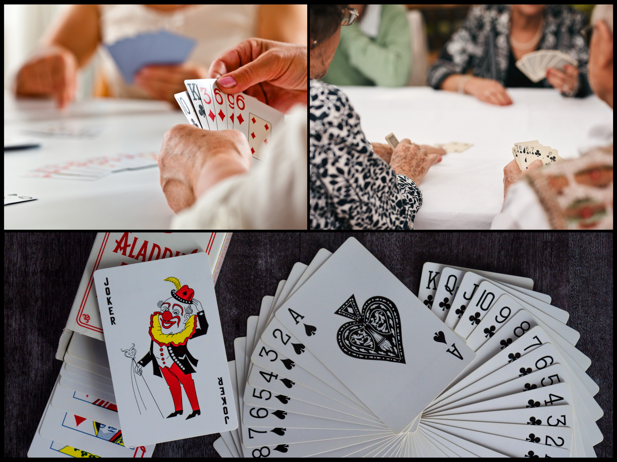 People playing card games and a spread of playing cards.