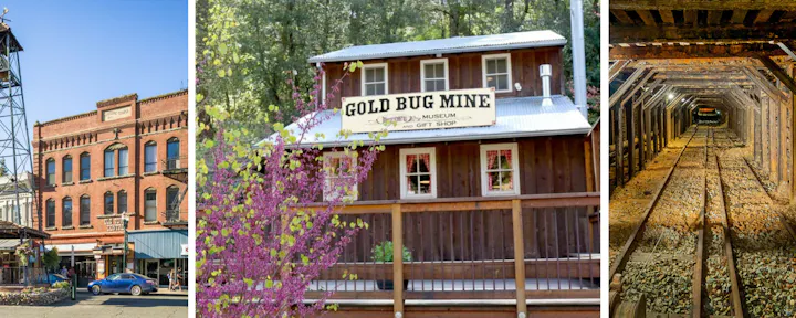 Images depict a historic town with a prominent Masonic Temple, the Gold Bug Mine museum, and a shot of the mine interior.