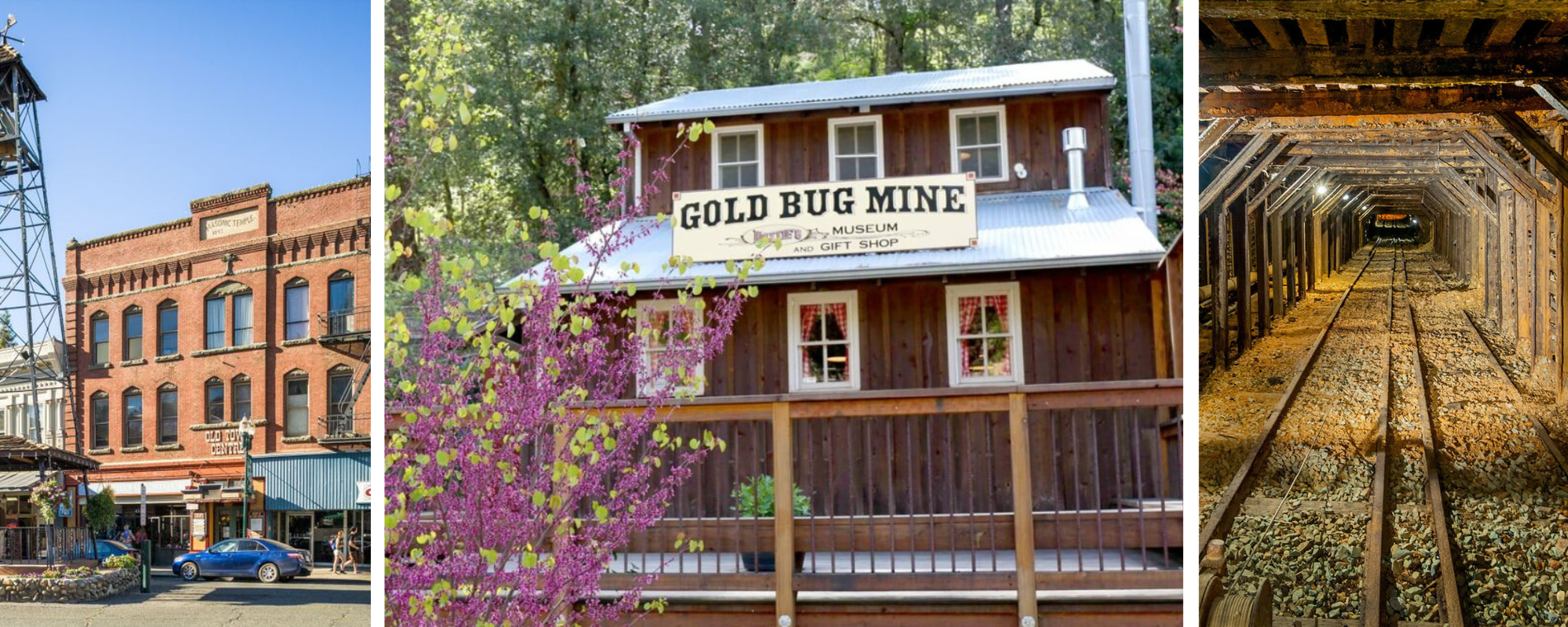 Images depict a historic town with a prominent Masonic Temple, the Gold Bug Mine museum, and a shot of the mine interior.